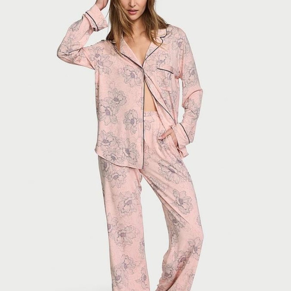 Victorias Secret M Pink Floral Outline Modal Pajama Set Long Pants Top